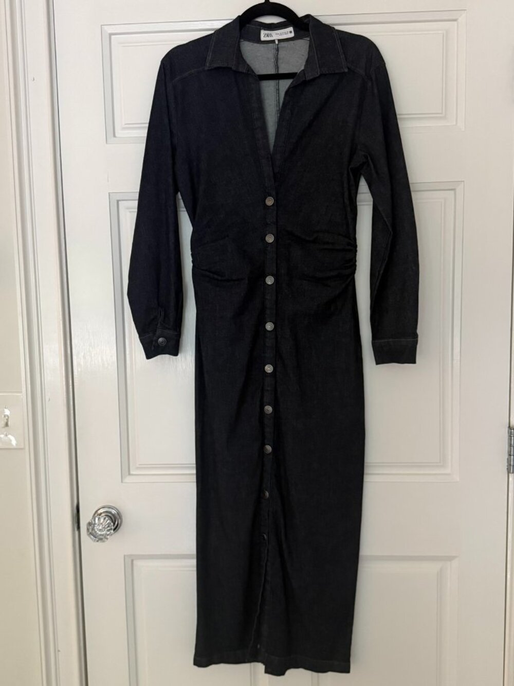 Zara Denim Midi Shirt Dress Ruched Waist Button Front Fitted Black Size M